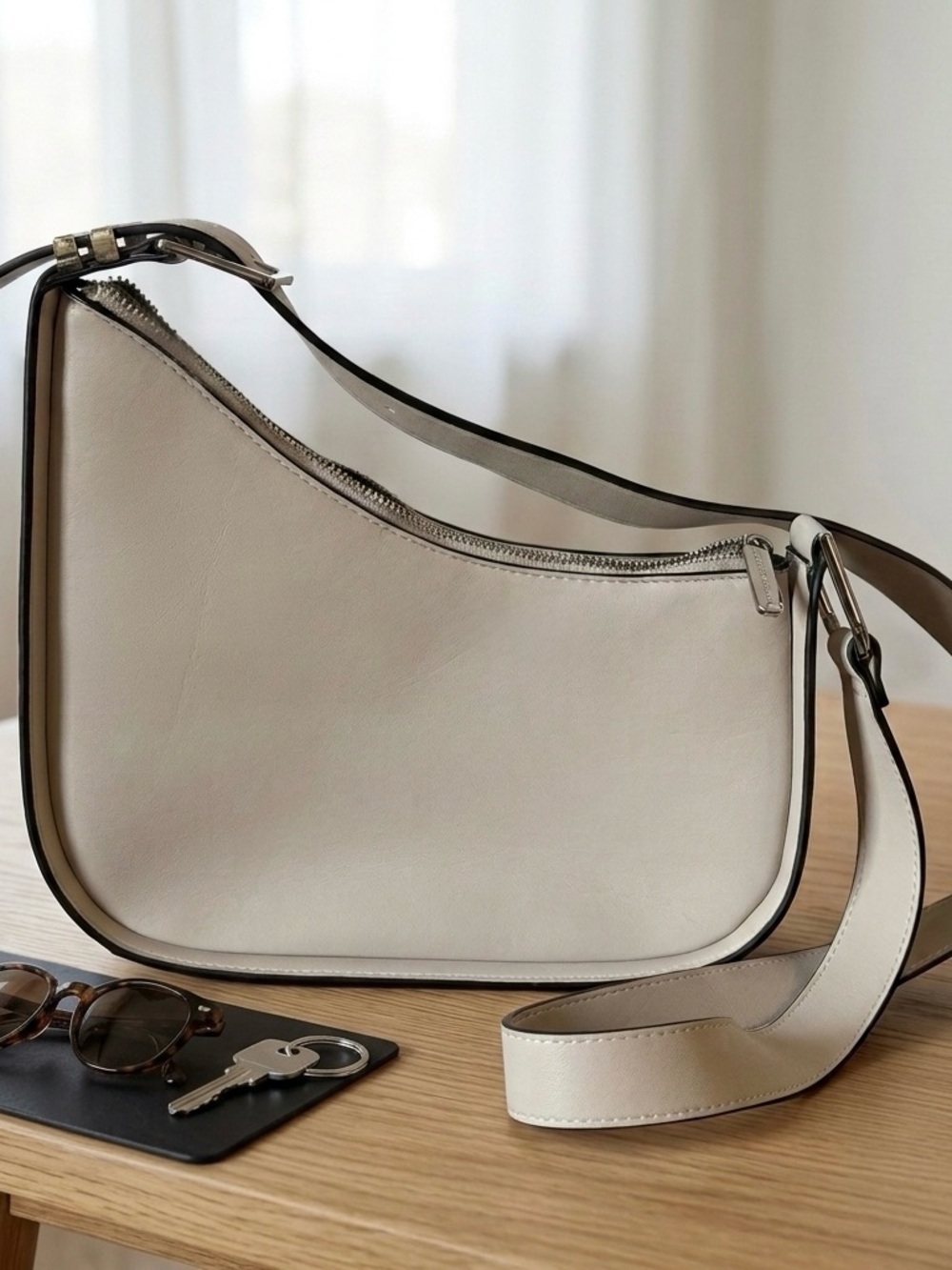 BCBGeneration Crescent Saddlebag Crossbody Purse Stone Beige Faux Leather